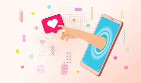 Hand points to reaction like from smartphone screen Stock Illustration