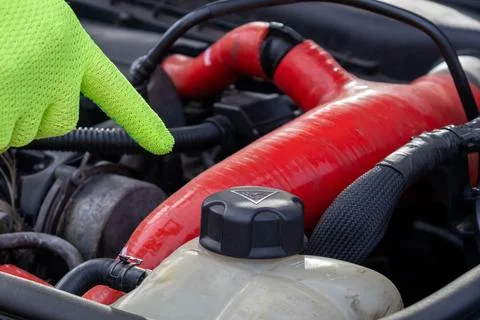 Hand Points at a Red Hose in the Engine of a Car During a Maintenance Check.. Stock Photos