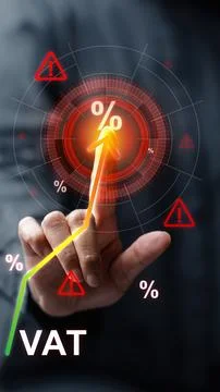 A hand points to a rising arrow representing an increase in Value Added Tax.. Stock Photos