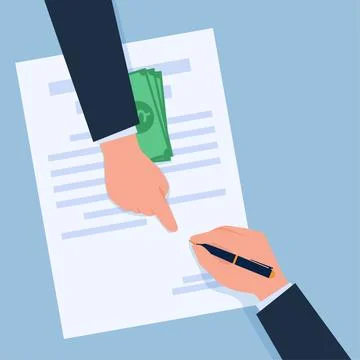 The hand points to the signature area while underneath there is money, a me.. Stock Illustration