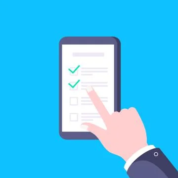 Hand points to smartphone with complete checklist, check marks tick icon vector Stock Illustration