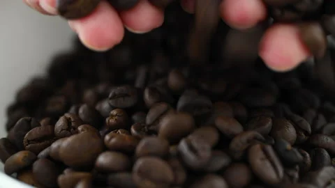 Hand pouring and screening of roasted coffee bean Stock Footage 159132217