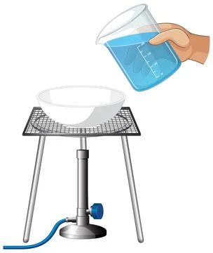 Hand Pouring Blue Liquid from Beaker into Evaporating Dish on Bunsen Burner Stock Illustration