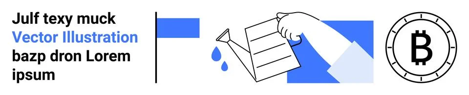 Hand pouring water from a container onto a document, drops falling, Bitcoin s Stock Illustration
