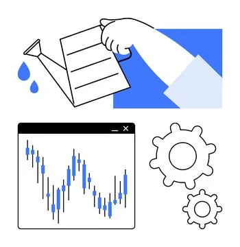 Hand pouring water on document with drops, stock chart displaying rising grap Stock Illustration