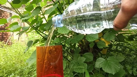 A hand pours water from a bottle into a brown glass. Stock Footage 337757013