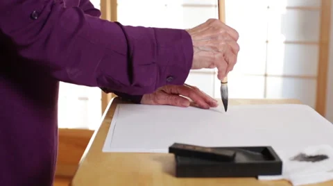 Hand Practicing Asian Calligraphy - Side View Stock Footage 45054831