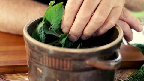 Hand preparing pickled cucumbers in the garden, 120fps, top view Stock Footage 129920395