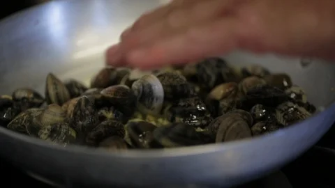 Hand preparing shellfish on pan in kitchen Stock Footage 108731944