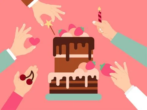 Hand present sweet stuff, birthday festive cake flat vector illustration. Lovely Stock Illustration