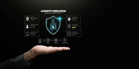 Hand presenting AI identity verification interface with biometric authentic.. Stock Photos