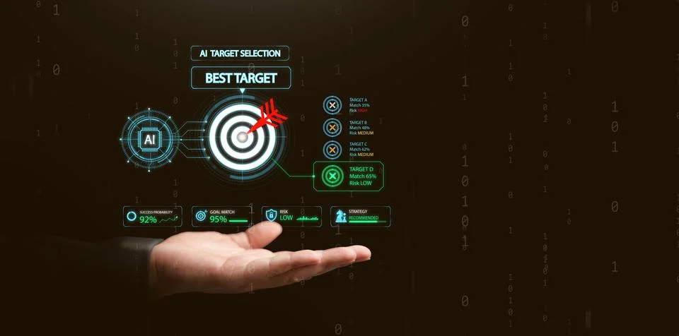 Hand presenting AI target selection hologram with the best target, success .. Stock Photos