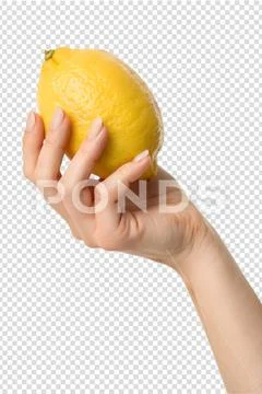 Hand presenting bright yellow lemon isolated on transparent background PSD-Vorlage