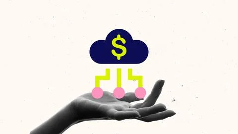 Hand presenting cloud-based financial system with interconnected nodes. Digital 库存照片