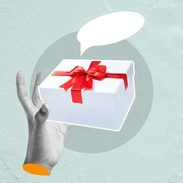 Hand presenting gift box with thought bubble on textured background Stock Illustration