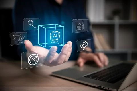 Hand presenting a glowing AI agents cube with search, analytics and automat.. Stock Photos