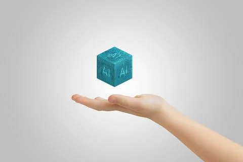 Hand presenting levitating cube with AI text, illustrating artificial Stock Illustration