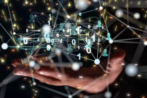 Hand presenting a network with codes and profile icons - world virtual data Stock Photos