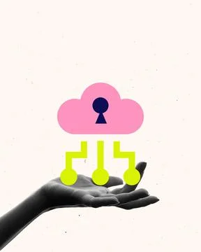Hand presenting secured cloud storage with network connections. Cybersecurity Stock Photos