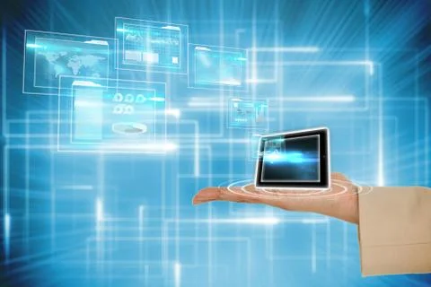 Hand presenting tablet and interfaces Stock Illustration