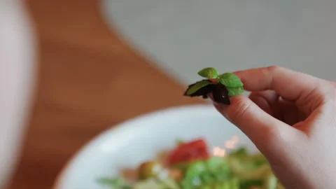 Hand presents fresh mint leaf. Closeup of hand with mint above dish. Detailed Stock Footage 335543111