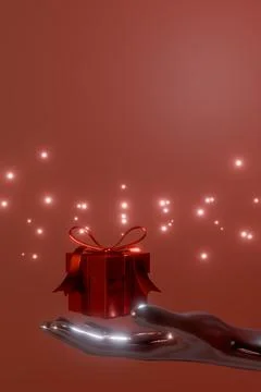 A hand presents a red gift box 스톡 일러스트