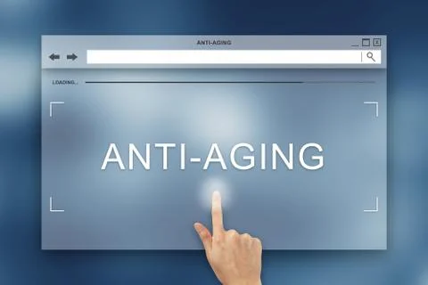 Hand press on anti aging button on website Stock Photos