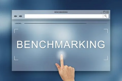 Hand press on benchmarking button on website Stock Photos