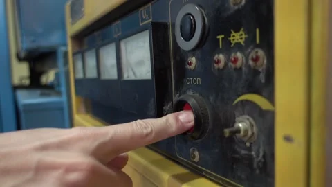 Hand Press the Big Red Stop Button on the Old Soviet Installation Stock Footage 91666621