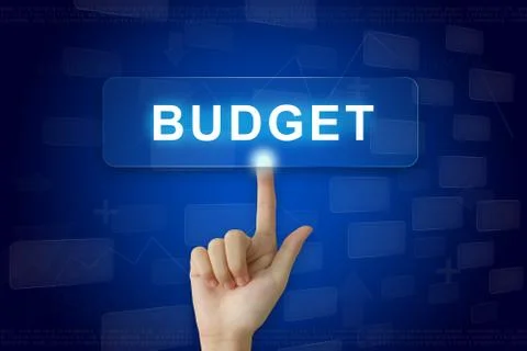 Hand press on budget button on touch screen Stock Photos