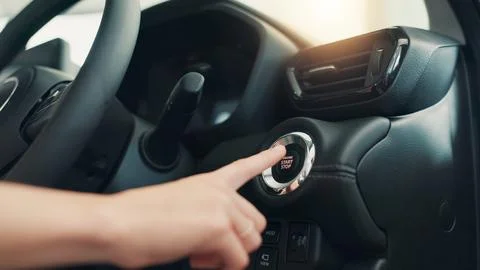 Hand, press button and start car for travel, journey and test drive with keyless Stock Photos