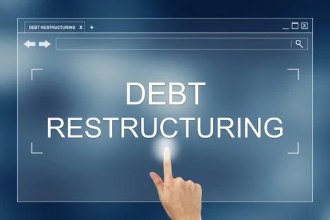 Hand press on debt restructuring button on website Foto stock