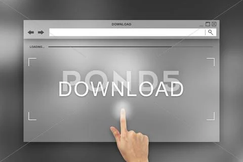 Hand press on download button on website Stock Photos