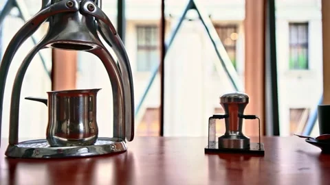 Hand press espresso coffee making tools Stock Footage 156078796