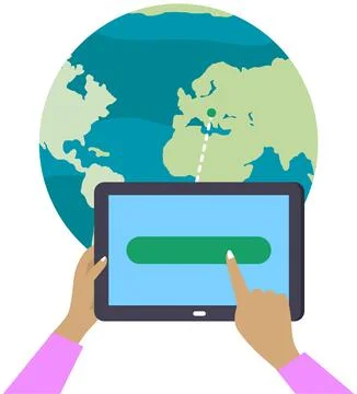 Hand press goal pointer on tablet screen. Earth with image of territories Stockillustratie