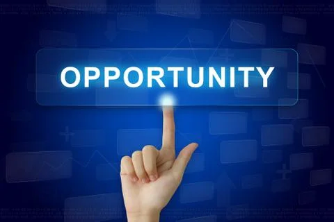 Hand press on opportunity button on touch screen Stock Photos