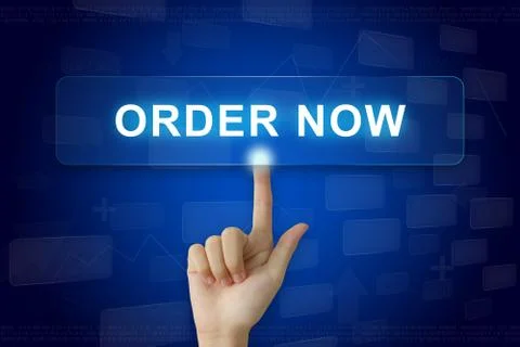 Hand press on order now button on touch screen Stock Photos