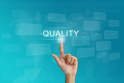 Hand press on quality button on touch screen Stock Photos