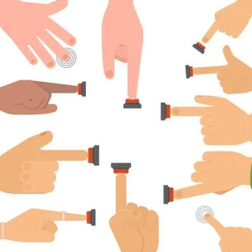 Hand press red button vector finger control start up arm push pointer cursor Illustrazione stock