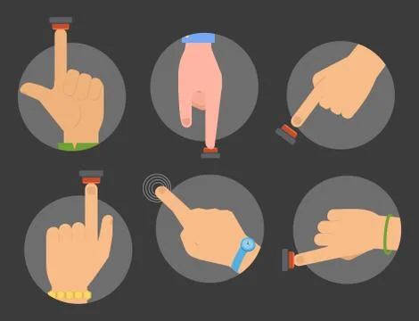 Hand press red button vector finger control start up arm push pointer cursor Illustrazione stock
