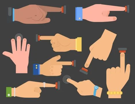 Hand press red button vector finger control start up arm push pointer cursor Stockillustratie