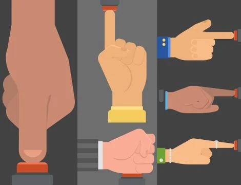 Hand press red button vector finger control start up arm push pointer cursor Illustrazione stock