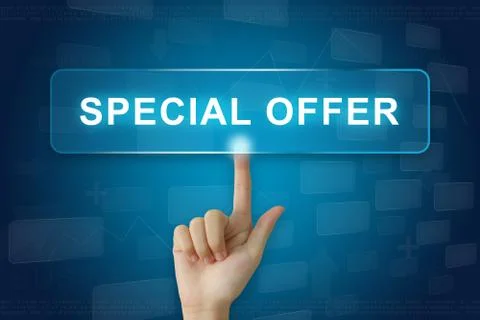 Hand press on special offer button on touch screen Stock Photos