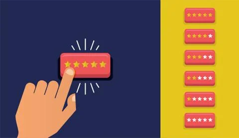 Hand press the star button. Customer review concept. Rating golden stars. Fee Stock Illustration