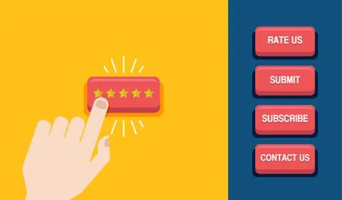 Hand press the star button. Customer review concept. Rating golden stars. web Stock Illustration