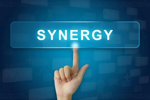 Hand press on synergy button on touch screen Stock Photos