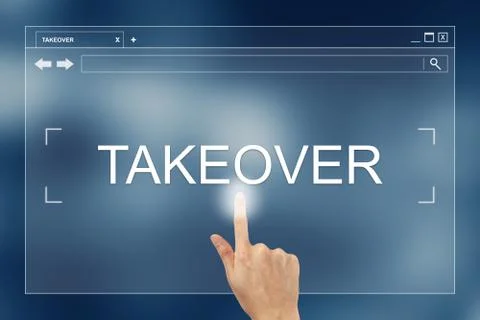 Hand press on takeover button on website Stock Photos