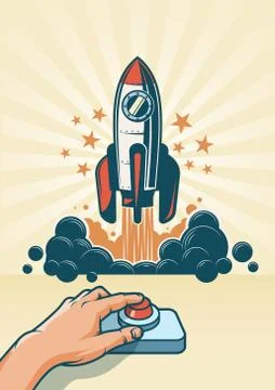 The hand presses the button and the rocket starts Stock Illustration