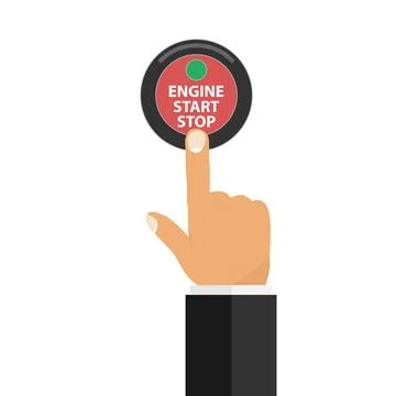 The hand presses the on off button of the car. Vehicle start button. Stock Illustration