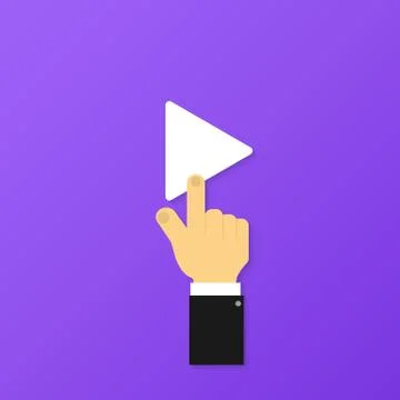 The hand presses the play button on a blue background. Stock Illustration